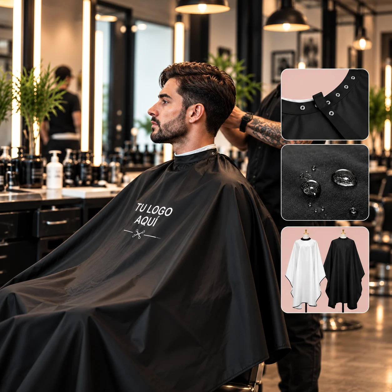 Cliente con capa personalizada, detalle del cierre, tejido impermeable y versiones blanca y negra
